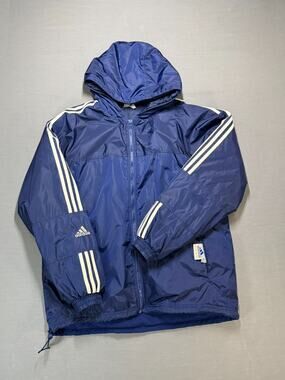 Vintage Adidas Reversible Windbreaker Jacket Men L Blue Hooded 3 Stripe
